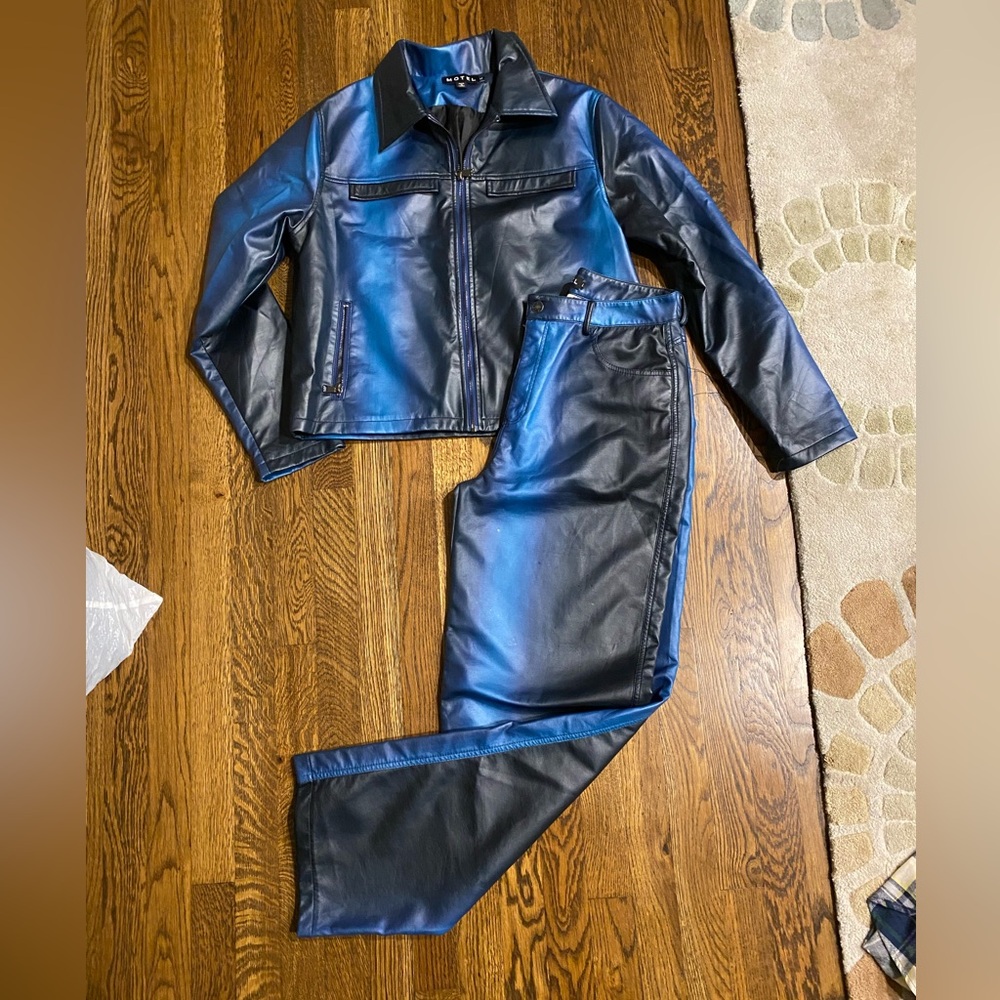 Motel Midnight Blue Faux Leather Jacket & Pant Set